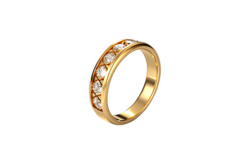 Gold wedding band with channel-set diamonds, classic bridal jewelry ring with sparkling gemstones, isolated on a transparent background