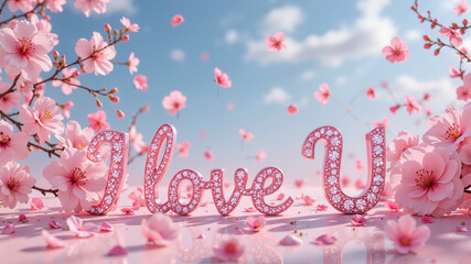 I love U, pink cherry blossom