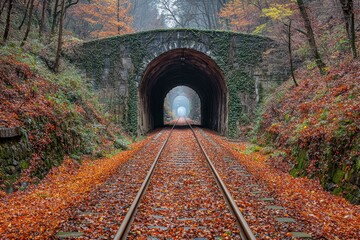 Autumnal tunnel and railway tracks