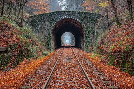 Autumnal tunnel and railway tracks