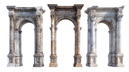 Isolated architectural arches ancient roman ruins stone pillars design element on transparent background