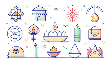 Vector art of a collection of vector icons depicting various elements of diwali, a vibrant indian festival of lights