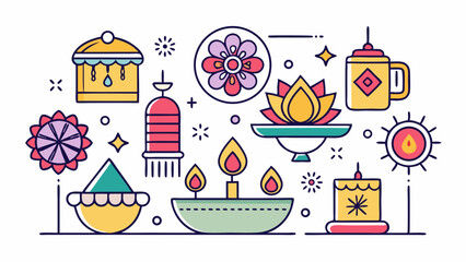 Vector art of a vibrant collection of diwali icons includes candles, lotuses, and fireworks, isolated on white background