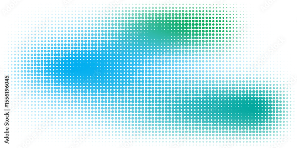 Poster abstract halftone gradient pattern with blue and green dotted shapes on white background.