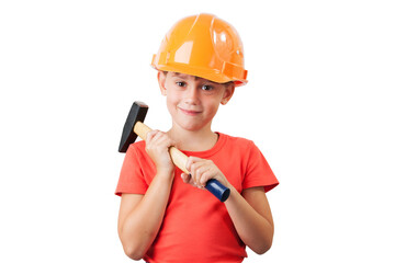 Child in the construction helmet with hammer.