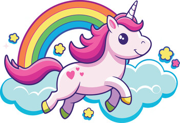 Pink unicorn with hearts running on fluffy cloud and rainbow in cute sky scene