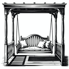 Victorian style porch swing with cushions and pergola overhead