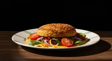 Breaded patty on pasta with tomatoes and onions on a white plate.
