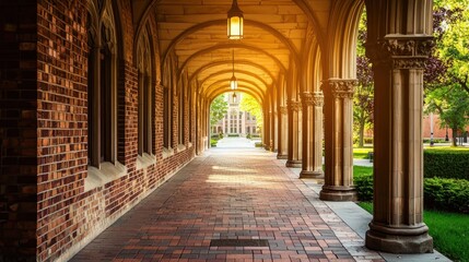 A grand, arched hallway with brick walls and stone columns, illuminated by hanging lanterns, leading to a distant building with a clock tower in the background.