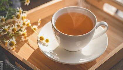 Cup of herbal tea with visible gentle steam, placed on a wooden tray with chamomile