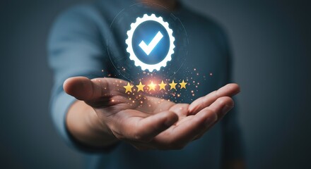 Customer satisfaction is represented by a glowing checkmark within a gear and five golden stars