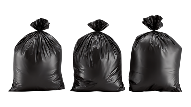 Three garbage bags trash bags waste bags refuse sacks on a dark plain background on transparent background