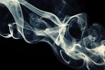Abstract wisps of ethereal white smoke gracefully swirling and curling against a deep black background creating a dynamic and flowing pattern