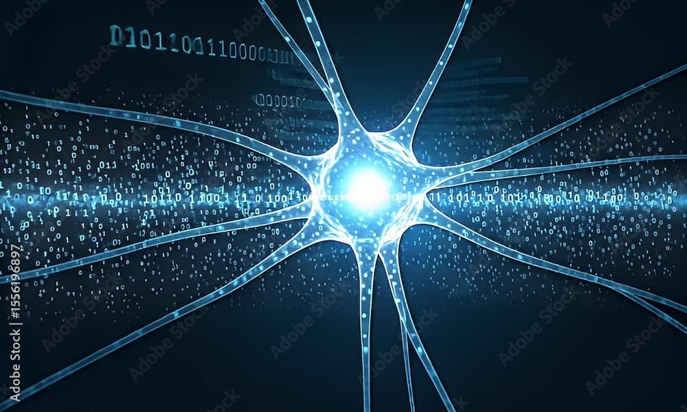 Aufkleber digital render of illuminated neuron structure with glowing blue energy in dark background