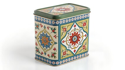 “Colorful Vintage Tin Box with Geometric & Floral Patterns – Ornate Decorative Storage Container”