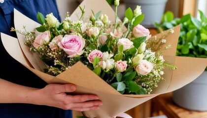 Person holding a beautiful bouquet of pink roses and greenery