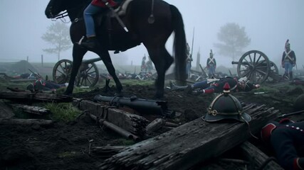 Battlefield Aftermath Fog Fallen Soldiers Cannons and Horse in a Historical War Scene.