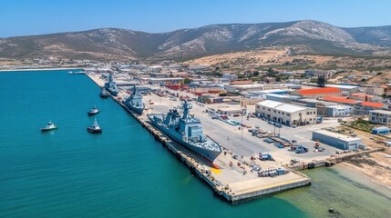 Fototapeta premium Coastal harbor with military ships docked. Aerial view of naval vessels alongside a port. Modern docks and facilities