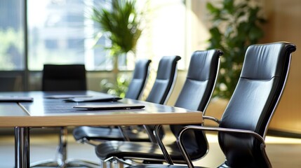 A modern office conference room with black leather chairs and a wooden table, featuring a large window with a view of a city skyline.