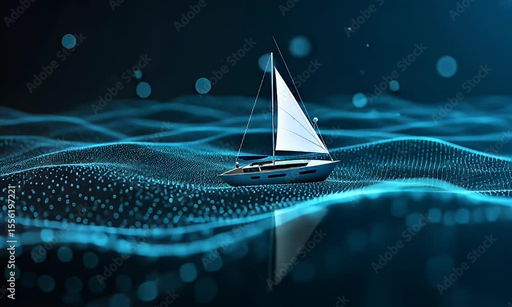 Poster digital sailing vessel navigating abstract blue ocean with reflective surface and particle effects