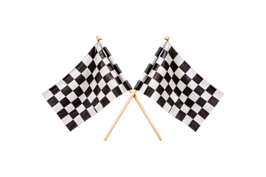 Two crossed black and white checkered racing flags on wooden poles spread wide, isolated on a transparent background