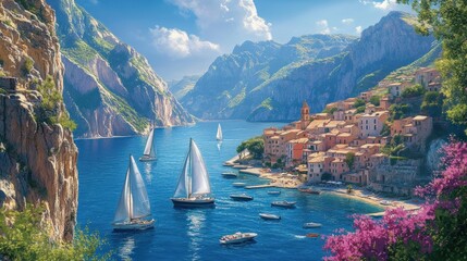 Picturesque coastal town nestled in a dramatic valley, with sailboats gliding on a shimmering bay. Sunny day, vibrant colors