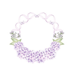 Wreath with pink hydrangea flowers, leaves, ribbons and butterflies. Watercolor hand drawn illustration isolated on white background