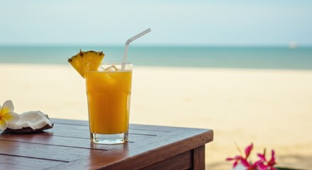 Refreshing orange drink with pineapple garnish on a wooden table near beach.