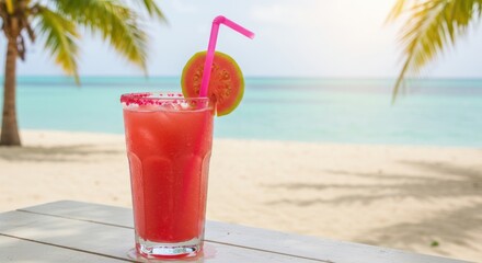 Refreshing red drink with straw and fruit slice on beach table.