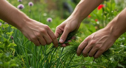 Two people's hands are shown picking green plants in a grassy outdoor area.