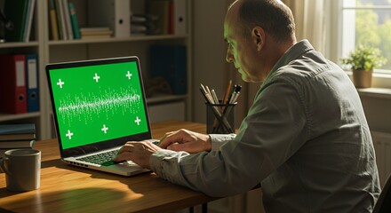 Focused Senior Man Analyzes Data on Green Screen Laptop