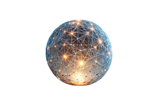 Earth globe with geometric network overlay showing orange connection nodes and triangular wireframe pattern, isolated on a transparent background