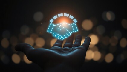 A hand offers a glowing digital handshake symbol against a blurred city background