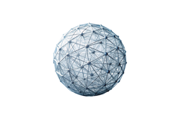 Abstract wireframe sphere with interconnected nodes and lines forming complex geometric network structure in blue, isolated on a transparent background