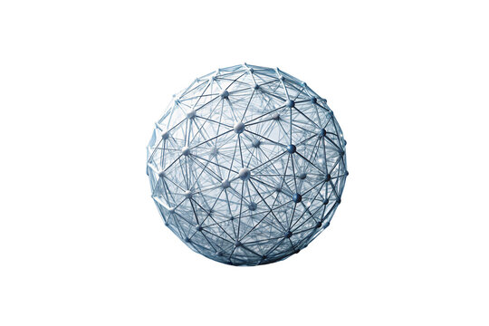 Abstract wireframe sphere with interconnected nodes and lines forming complex geometric network structure in blue, isolated on a transparent background