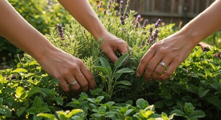 Three pairs of hands tending to plants in a garden outdoors.