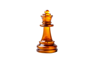 Amber glass chess king piece with ornate crown and elegant proportions, isolated on a transparent background