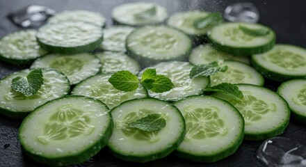Sliced cucumber pieces and mint leaves are arranged on a dark surface.