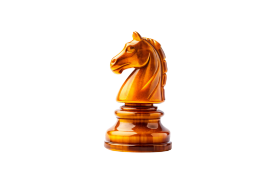 Golden amber glass chess knight piece showing intricate horse mane details and polished surface reflections, isolated on a transparent background