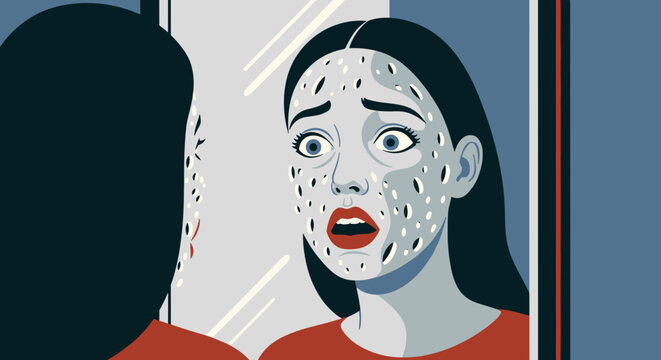 Woman with Trypophobia looking horrified into the mirror with patterns  - fear or strong dislike of clusters of holes, bumps, or patterns 