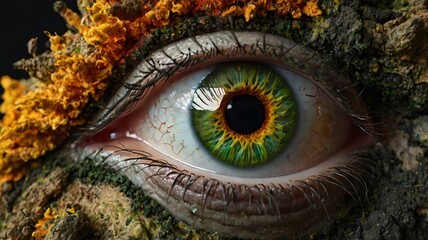 Close-Up of a Human Eye Amidst Organic and Mossy Textures