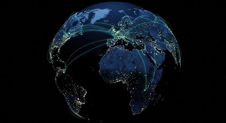 Earth globe with city lights visible at night against a black background.