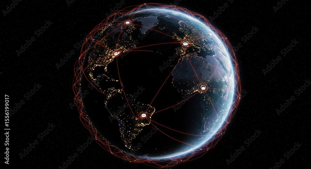 Aufkleber earth globe with glowing nodes and connecting lines in dark space background.