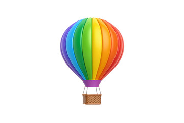 Fototapeta premium Vibrant rainbow striped hot air balloon with wicker basket and ropes in classic design, isolated on a transparent background