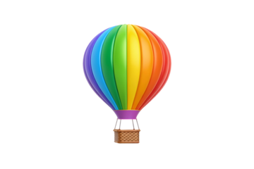 Vibrant rainbow striped hot air balloon with wicker basket and ropes in classic design, isolated on a transparent background