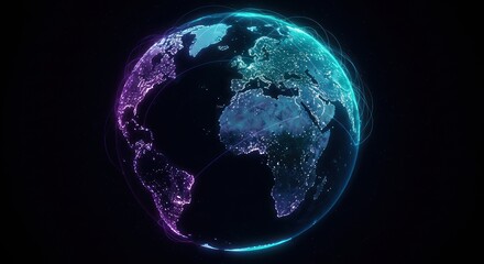 Digital globe with glowing continents and oceans on a dark background.
