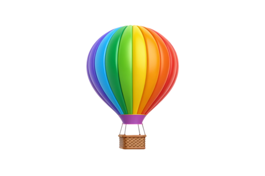 Vibrant rainbow striped hot air balloon with wicker basket and ropes in classic design, isolated on a transparent background - Powered by Adobe