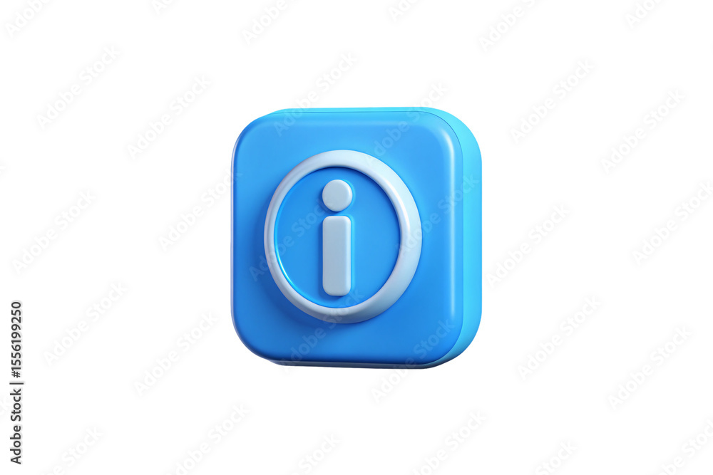 Poster blue 3d information icon with lowercase i letter inside circular button with rounded square frame, i