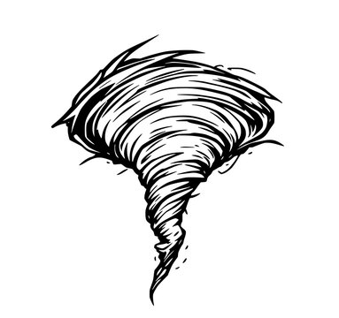 Tornado Twist: A dramatic black and white line art illustration depicts a powerful tornado, showcasing its swirling vortex and dynamic energy.