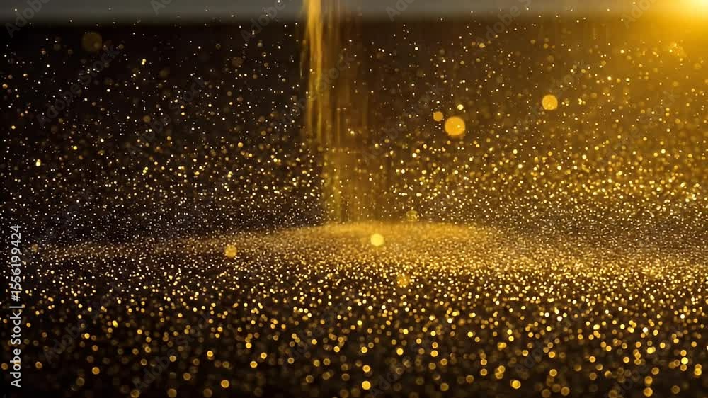 Poster falling golden glitter particles with bokeh effect against dark background in studio lighting